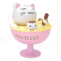 Cute Solar Power Ice Cream Cup Cat Shaking Head Decoration Toy - Pink + white + Yellow