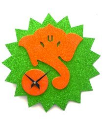 Sai Enterprises Green And Orange Mdf Wood Ganesha Glittery Wall Clock