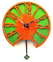 Sai Enterprises Green And Orange Mdf Wood Classic Glittery Pendulum Clock