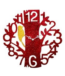 Sai Enterprises Red Mdf Wood Tree Bird Glittery Wall Clock