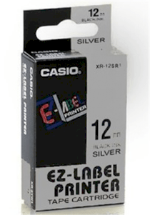Nhãn in Casio XR-12SR1 (chữ đen nền bạc 12mm)