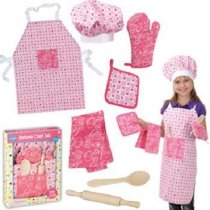  BBQ Pink Li'l Gourmet, Chef's Essentials 7piece set. Gift Box. Tea Towel, Hot Pad, Oven Mitt, Apron, Hat, Spoon
