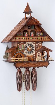 Cuckoo Clock Black Forest house with moving wood chopper and mill wheel
