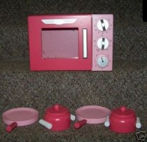 New Wooden Pink Retro Microwave with Pots & Pans for Play Kitchen