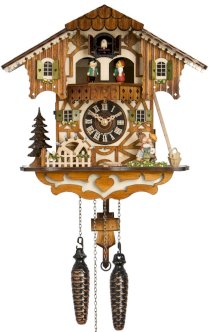 Cuckoo Clock with Kissing Couple, Moving Waterwheel, and Revolving Dancers