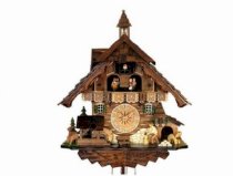 Quartz Cuckoo Clock with Music and Dancing Couple as Black Forest Chalet, 17.5 Inch