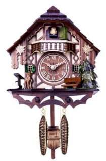 River city clocks musical cuckoo clock cottage with deer, water pump, and tree, 10-inch tall