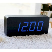 EiioX Rectangular Wooden Digital Alarm Clock Blue LED Black Skin with Thermometer Voice and Sound Control
