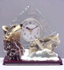 Howling Wolf - Family of Grey Wolves - Sculptured Resin - Glass Clock Approx 8" High - Resin- Whimscial