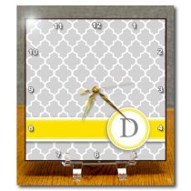 DC_154570_1 InspirationzStore Monograms - Your Personal Name Initial Letter D - Monogrammed Grey Quatrefoil Pattern - Personalized Yellow Gray - Desk Clocks - 6x6 Desk Clock