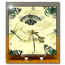 3dRose dc_100803_1 Vintage Dragonflies N Butterflies-Desk Clock, 6 by 6-Inch