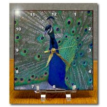 dc_154797_1 Visual Edges Nature - Bright blue peacock with colorful plummage - Desk Clocks - 6x6 Desk Clock