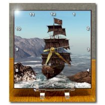 3dRose dc_172244_1 Pirate Ship Sails Trough Coastalin Strong Winds Desk Clock, 6 by 6-Inch