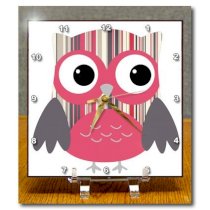 3dRose dc_61001_1 Cute Bold Striped Owl Desk Clock, 6 by 6-Inch, Pink