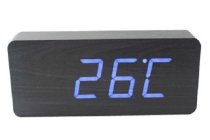 Rectangular Wooden Clock Alarm Blue LED Office desk Wood Digital with Temperature Voice and Touch Activated