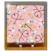 3dRose dc_128493_1 Nurse Love Cute Cartoon Rn Supplies Print Pink Desk Clock, 6 by 6-Inch