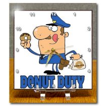 3dRose dc_118656_1 Funny Cartoon Police Officer on Donut Duty Desk Clock, 6 by 6-Inch
