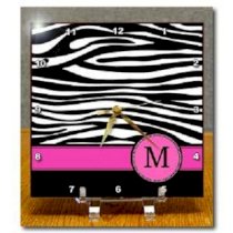 3dRose dc_154284_1 Letter M Monogrammed Black and White Zebra Stripes Animal Print with Hot Pink Personalized Initial Desk Clock, 6 by 6-Inch