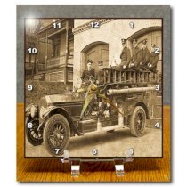 3dRose dc_16212_1 Desk Clock, Early 1900s Pumper Fire Truck and Firemen Sepia, 6 by 6-Inch