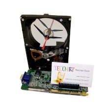 Business Card Holder Hard Drive Clock from Recycled Hard Drive with Video Circuit Board Holding Cards