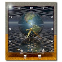 3dRose dc_20511_1 Earth Horizons Surreal Scene of Reflecting Earth Globe Resting on Computer Board Desk Clock, 6 by 6-Inch