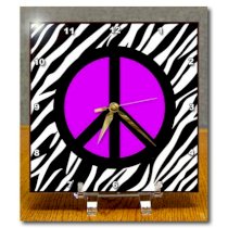 3dRose dc_38114_1 Pink Peace Sign on Zebra Background Desk Clock, 6 by 6-Inch