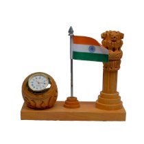 Bajya Wooden Table Clock With Ashoka Pillar And National Flag