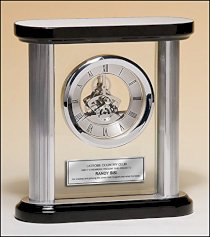 Glass Arch Pillar Clock with Silver Engraving Plate as Retirement Gifts, Birthday Gifts or any Personalized Gifts for all occasions. This Engrave Personalized Glass Desk includes Engraving on Silver Plate.