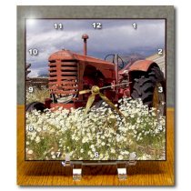 3dRose dc_200412_1 Print of Old Country Tractorin Field of Flowers Desk Clock, 6 by 6-Inch