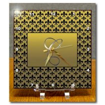 3dRose dc_36081_1 Elegant Letter C Embossed in Gold Frame Over A Black Fleur-De-Lis Pattern on A Gold Background-Desk Clock, 6 by 6-Inch