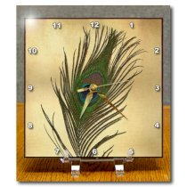 3dRose dc_172148_1 Elegant Peacock Feather on Gold Desk Clock, 6 by 6-Inch