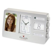 Desk Clock In Cast Aluminum Frame - Analog Clock & Calendar/Photo Frame