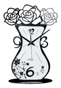 Janya Home Black Wrought Iron Table Clock. Vase of Roses