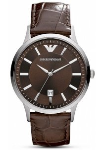 Đồng hồ Round Silver & Brown Watch with Crocodile Embossed Strap, 43mm AR2413