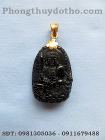 Mặt phật Văn thù Bồ tát đá obsidian có móc vàng dài 3,8 x 2,6 cm