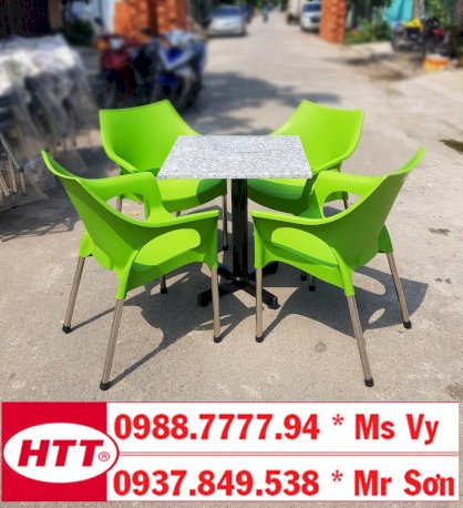 Bàn ghế nhựa cafe Hoàng Trung Tín nhựa đúc chân inox ống 27 màu xanh - BGNHTT27