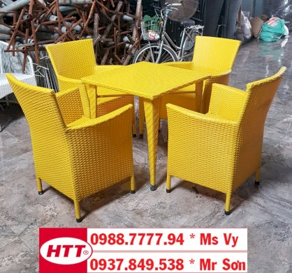 Bàn ghế cafe nhựa giả mây màu vàng HTT2018-011