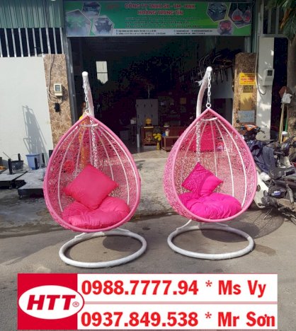 Ghế xích đu sắt nhựa giả mây giọt nước đan rối Hoàng Trung Tín 2019 - màu hồng