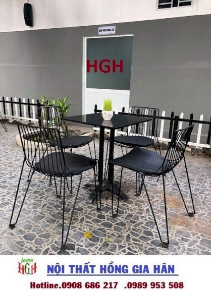 Bàn ghế cafe dây đan chữ nhật chân sắt HGH284