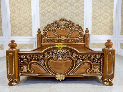 Giường ngủ cổ điển hoàng gia hoa hồng dát vàng Italia 1.8m x 2m GN0610 - Đồ gỗ Sơn Đông