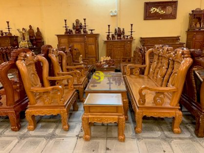 Bộ bàn ghế gỗ gõ đỏ đào Sài Gòn vai cong cột 10, 6 món size lớn BBG2631