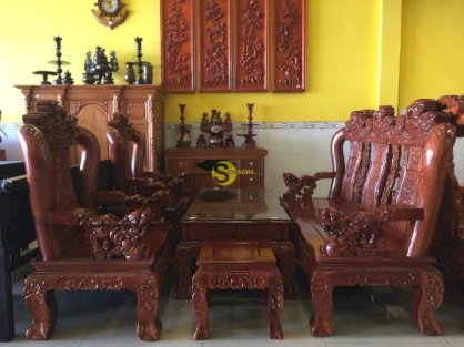 Bộ bàn ghế gỗ hương đá chạm lân 6 món tay 12 – BBG429