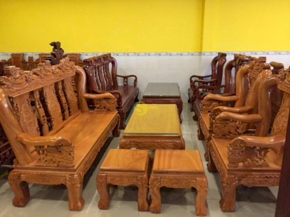Bộ bàn ghế chạm lân 2 mặt gỗ gõ đỏ tay 12 – BBG75