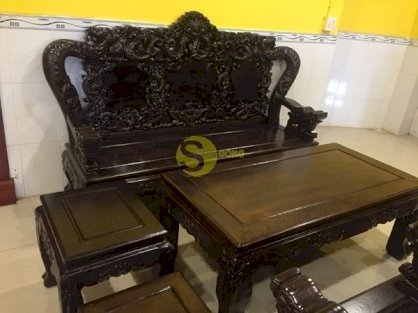 Bộ bàn ghế rồng phượng gỗ mun đuôi công tay 12 – BBG420