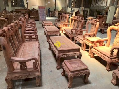 Bộ bàn ghế chạm đào vai cong gỗ hương đá tay 12