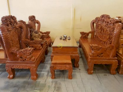 Bộ bàn ghế rồng cột đục gỗ gõ đỏ tay 14 6 món – BBG1212