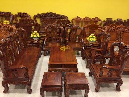 Bộ bàn ghế chạm đào gỗ cẩm lai tay 10 – BBG159