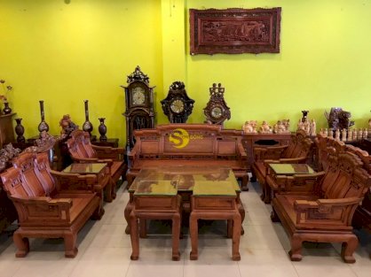 Bộ bàn ghế triện mây gỗ giáng hương Lào xịn 10 món BBG498