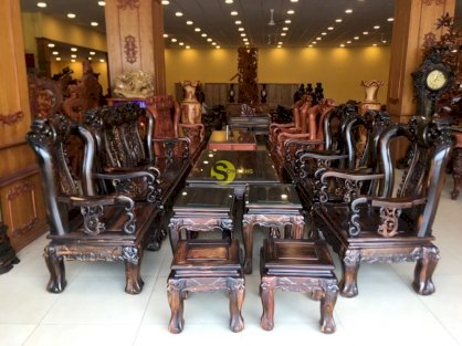 Bộ bàn ghế gỗ Mun Sọc chạm đào 10 món tay 12 – BBG222