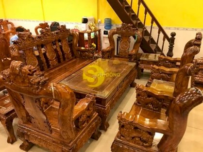 Bộ bàn ghế gỗ cẩm lai chạm kỳ lân, cẩn ốc cực vip, cột 16, 10 món – BBG1016